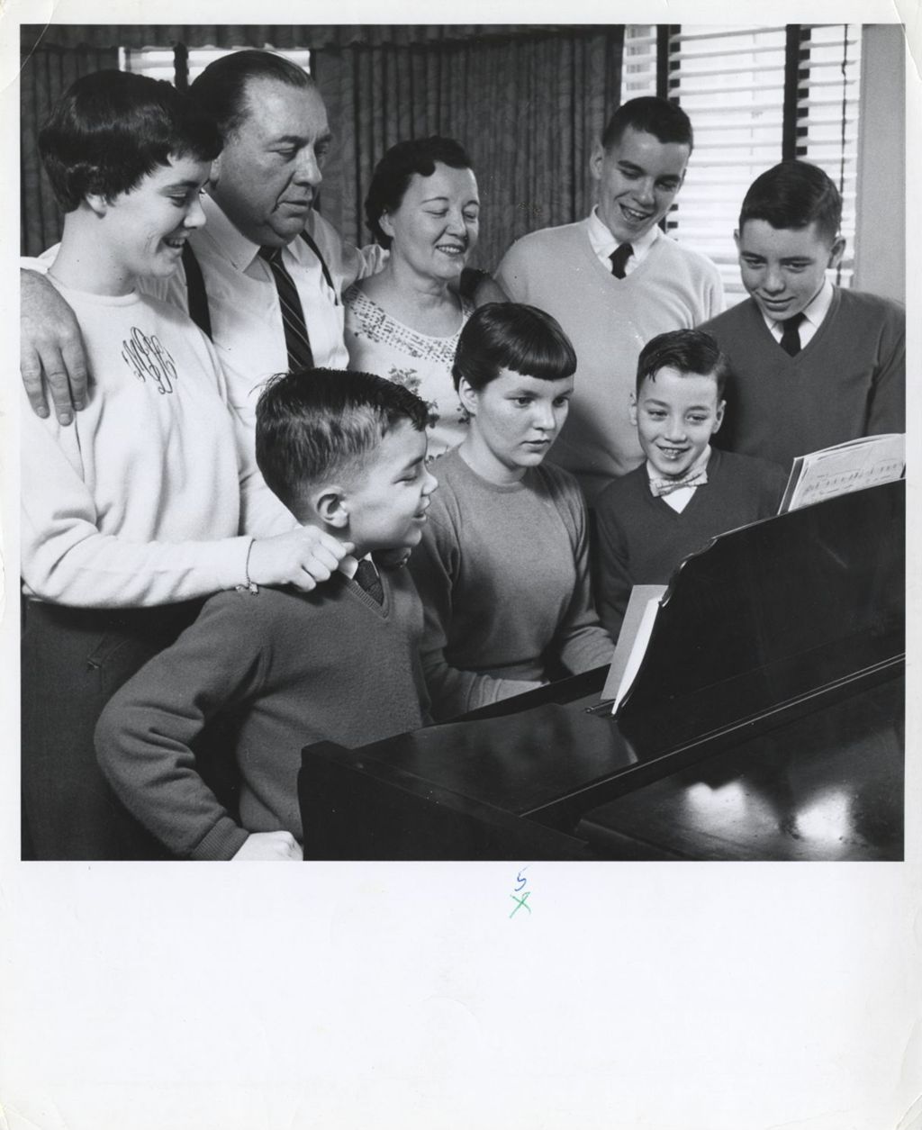 Miniature of Eleanor and Richard J. Daley with their children around the piano