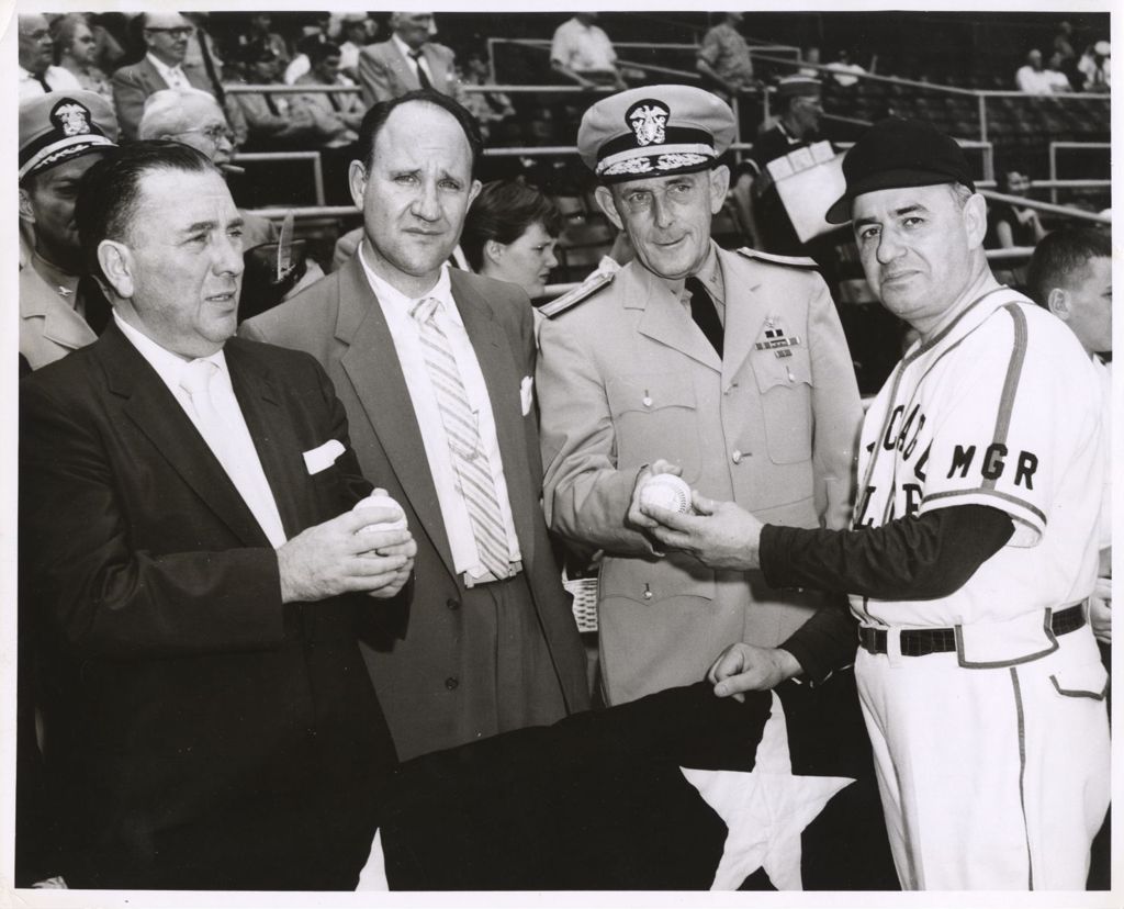 Miniature of Richard J. Daley and two others with baseballs