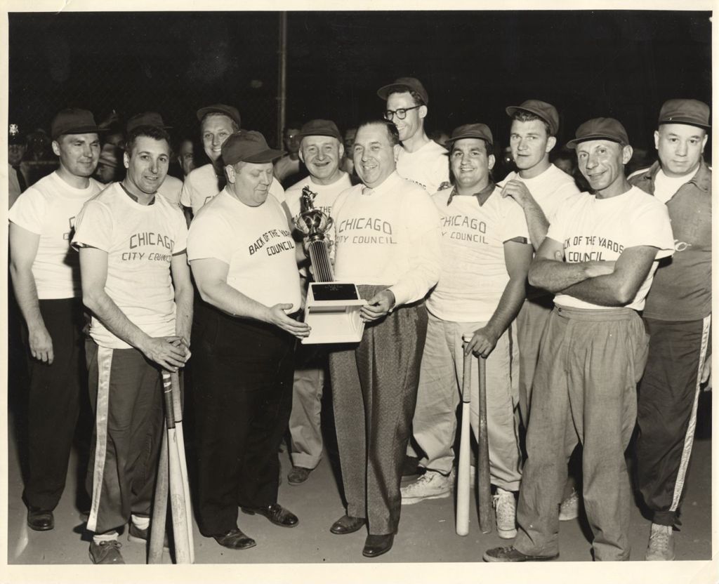 Miniature of Richard J. Daley with baseball team members