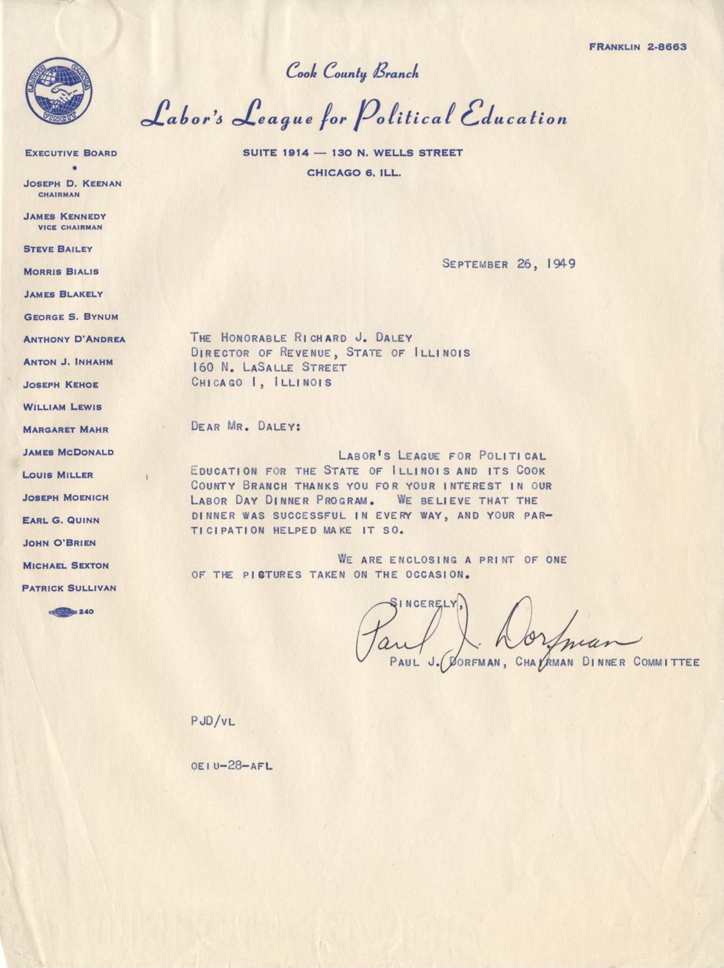 Letter from Paul J. Dorfman to Richard J. Daley, Director of Revenue