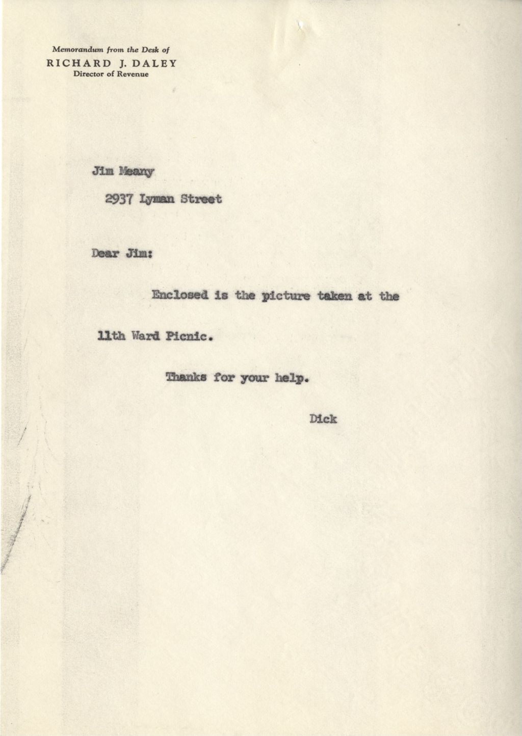 Memo from Richard J. Daley to Jim Meany