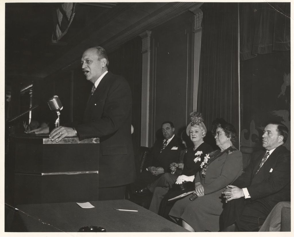 Miniature of Richard J. Daley and Elizabeth Conkey listening to a speech