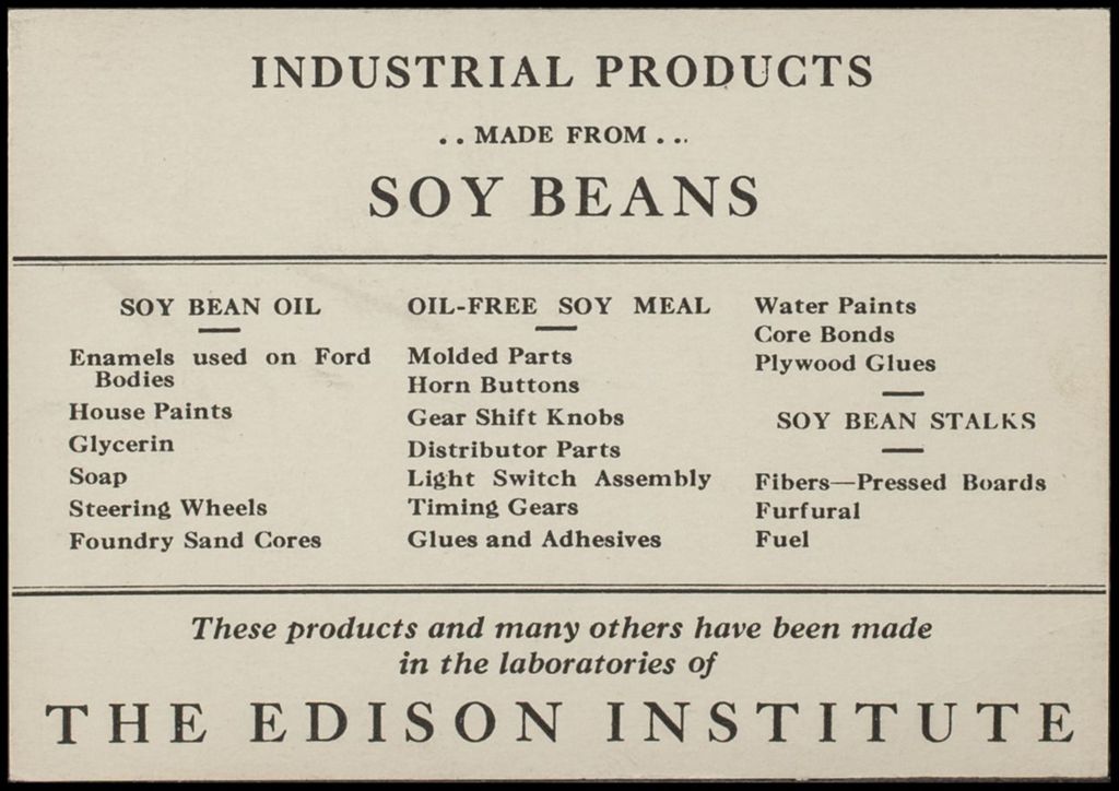 Miniature of Industrial Products Made From Soy Beans, The Edison Institute, 1933-1934
