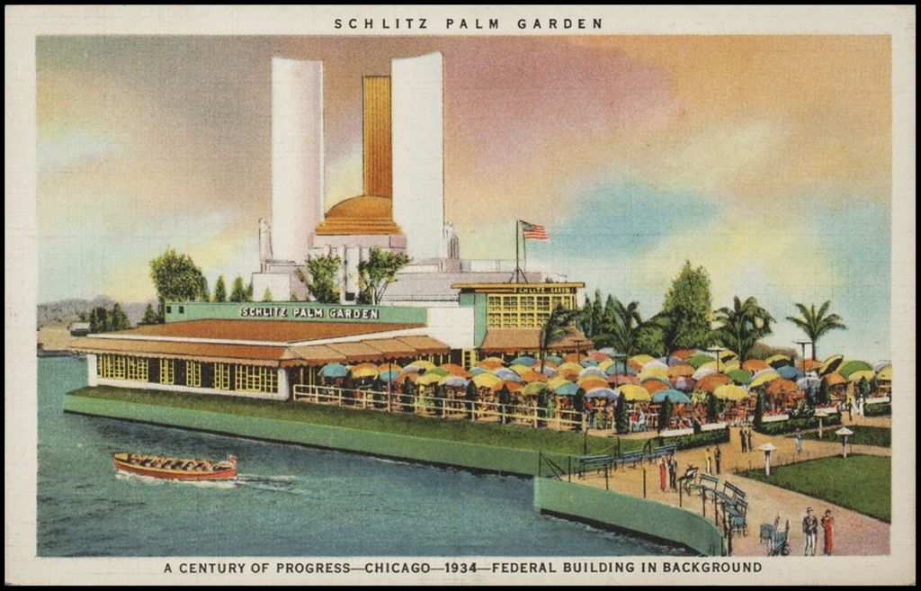 Schlitz Palm Garden, Federal Building in background (postcard) 1933-1934