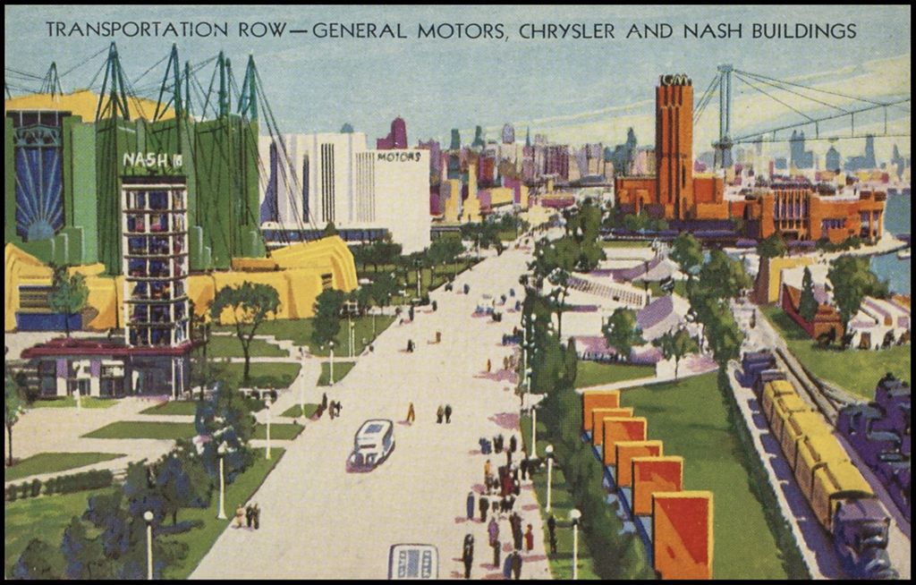 Transportation Row - General Motors, Chrysler, and Nash buildings, Woods series 1 (postcard 12) 1933-1934