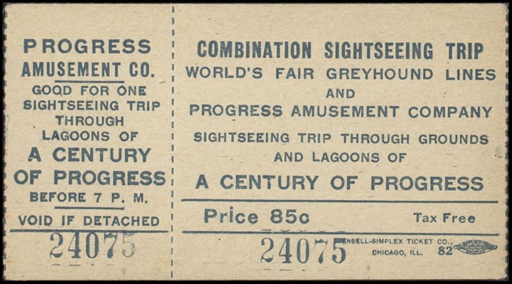 Two Combination Sightseeing Trip tickets, Greyhound Lines and Progress Amusement Company, 1933-1934
