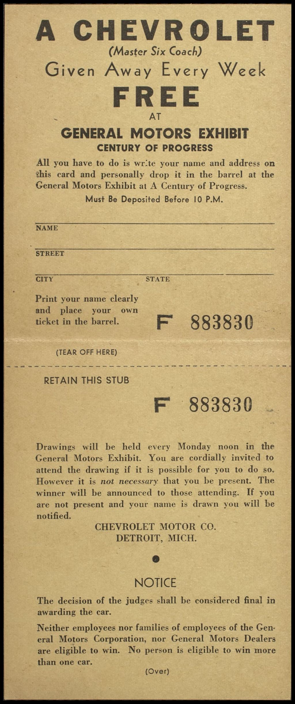 Two Raffle Tickets: A Chevrolet Given Away Every Week, 1933-1934