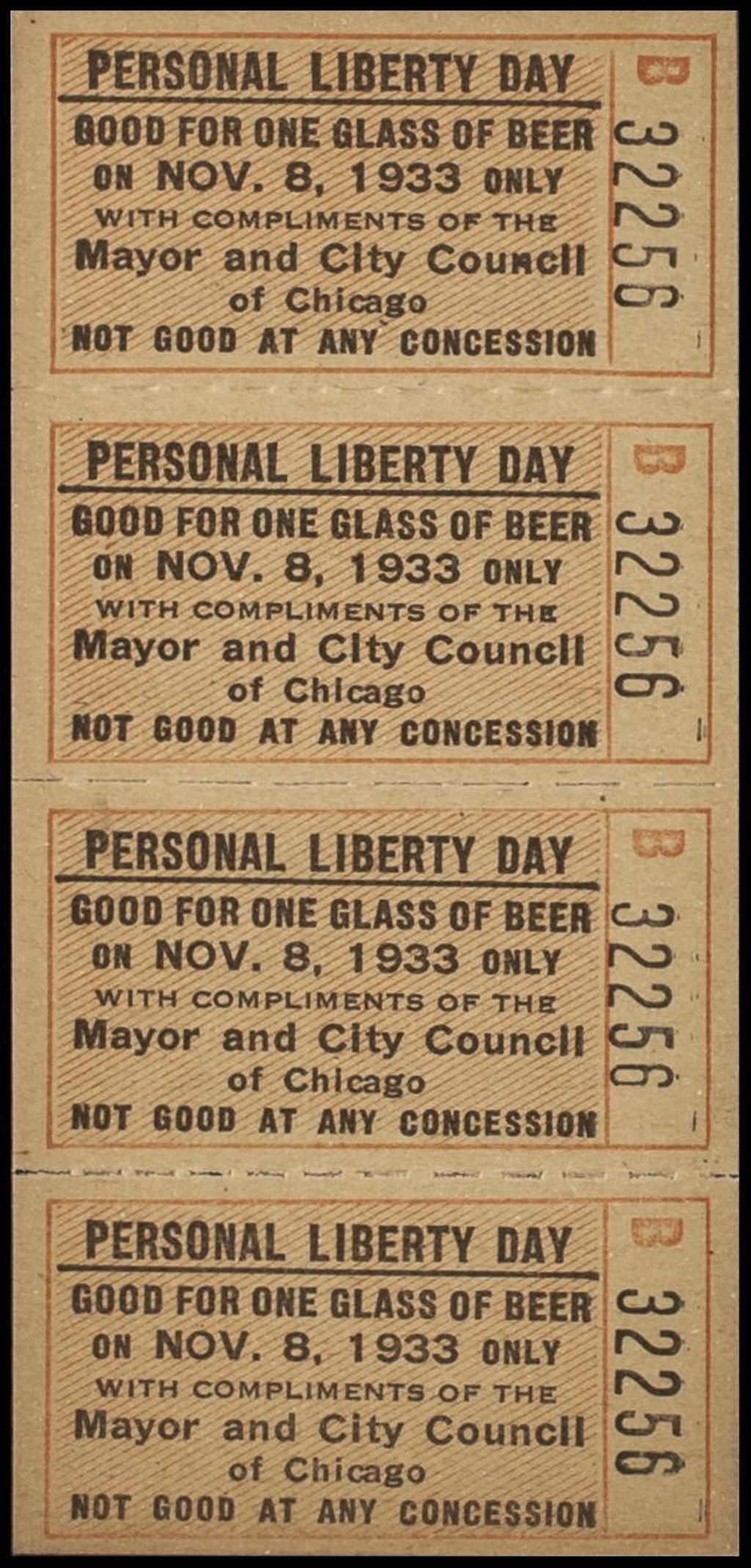 Twenty Personal Liberty Day Tickets, Good for One Glass of Beer, 1933