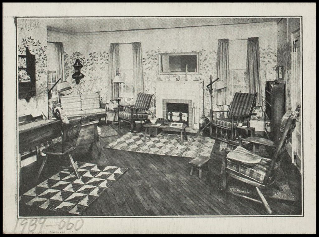 Living Room Group of Cushman Colonial Creations, photograph and informational card, 1933-1934