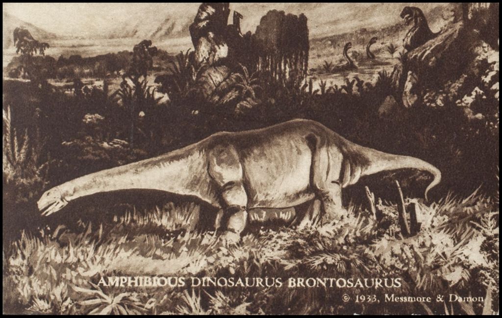 Miniature of Amphibious dinosaurus brontosaurus, World a million years ago attraction (postcard) 1933