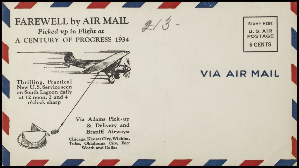 Farewell by Airmail picked up in flight at A Century of Progress (postcards and envelopes) 1934