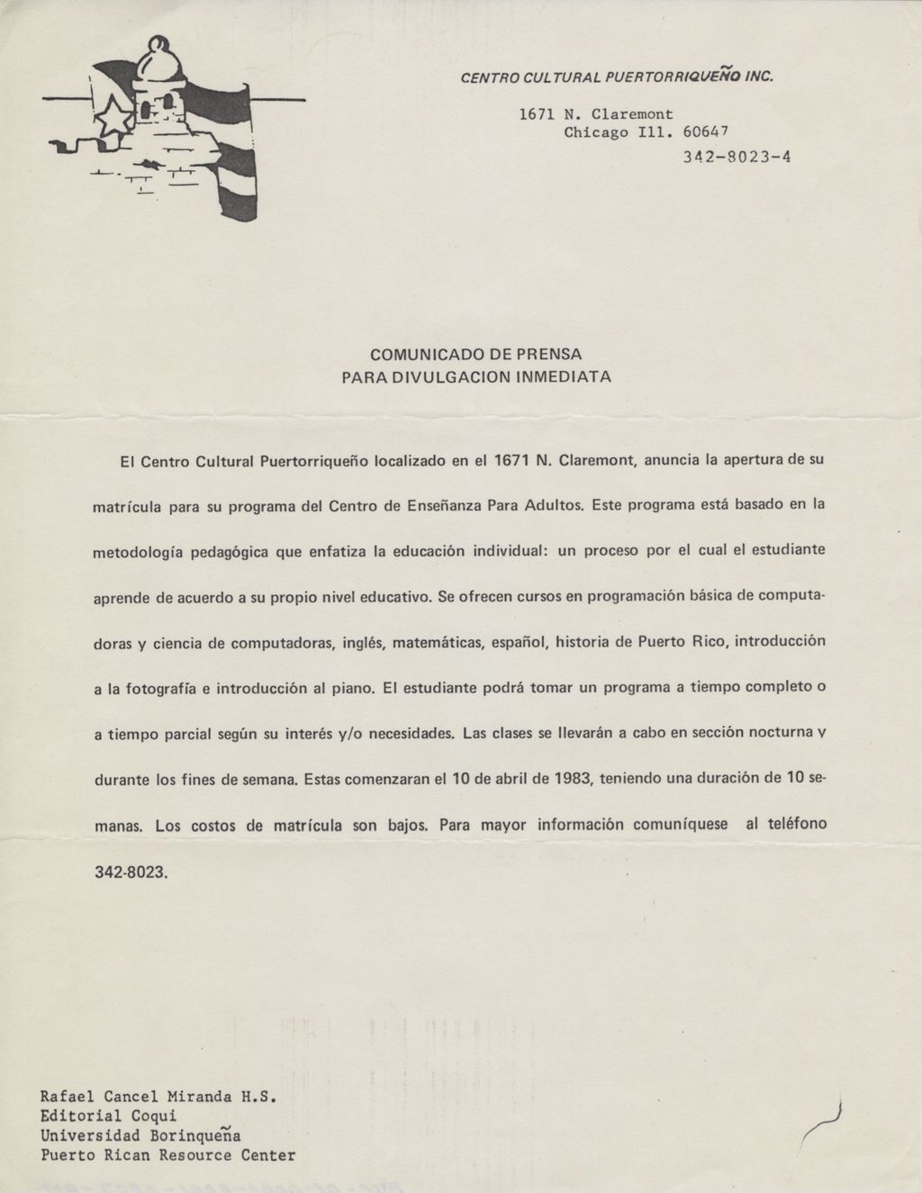 Miniature of Comunicado de Prensa Para Divulgacion Inmediata