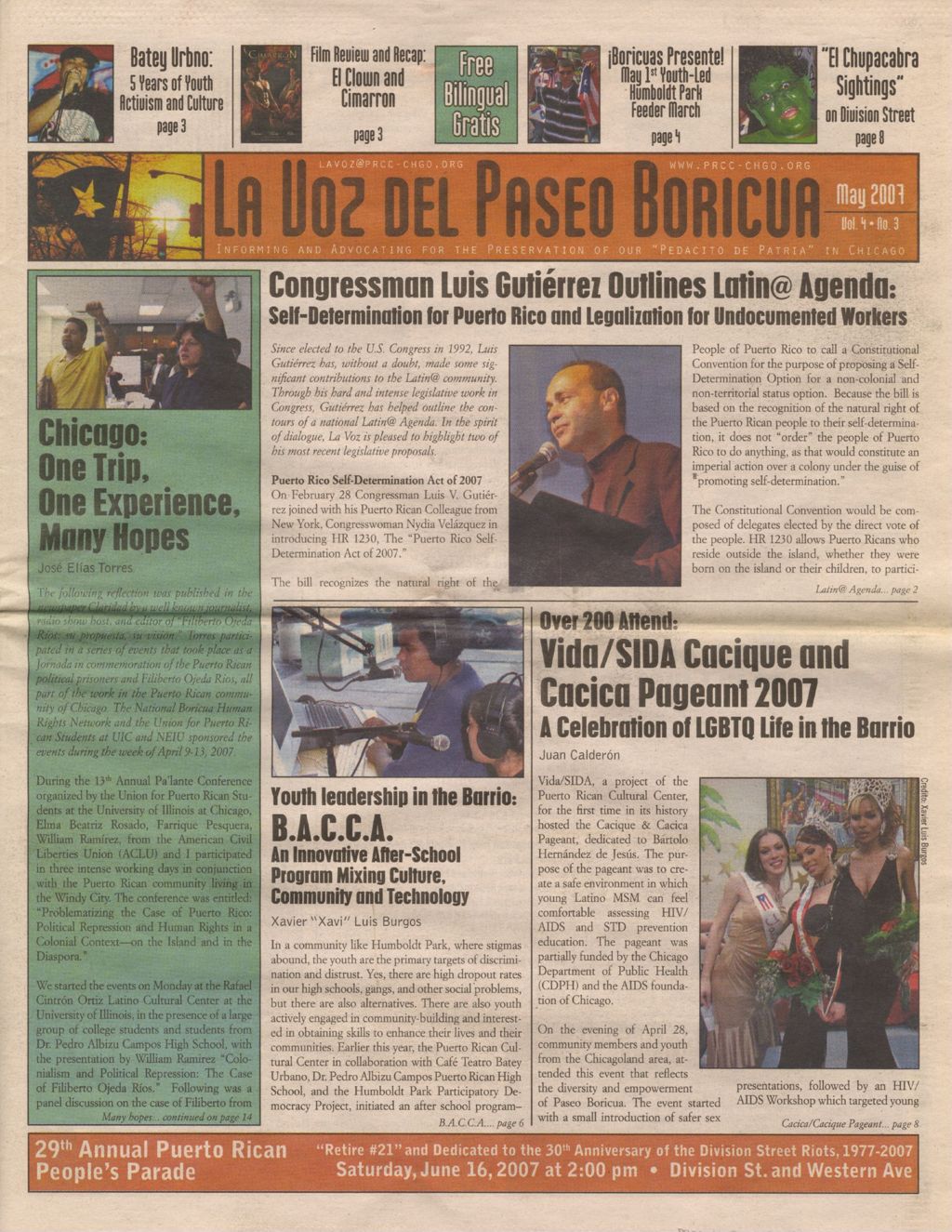 Miniature of La Voz del Paseo Boricua; May 2007; vol.4, no. 3 (Spanish and English covers)
