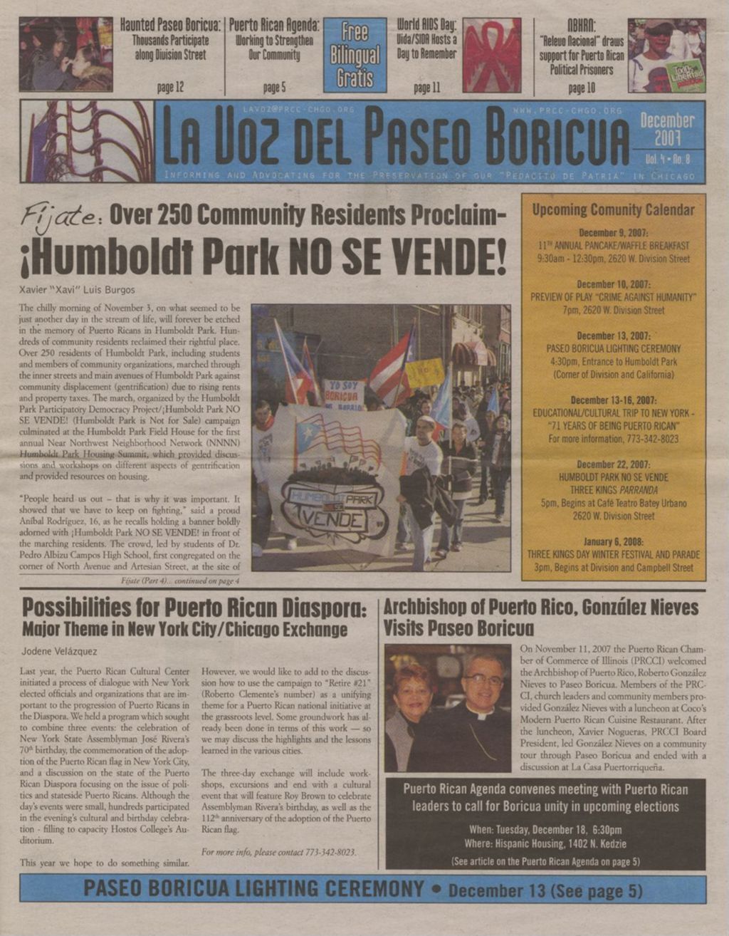 La Voz del Paseo Boricua; December 2007; vol. 4, no. 8 (Spanish and English covers)