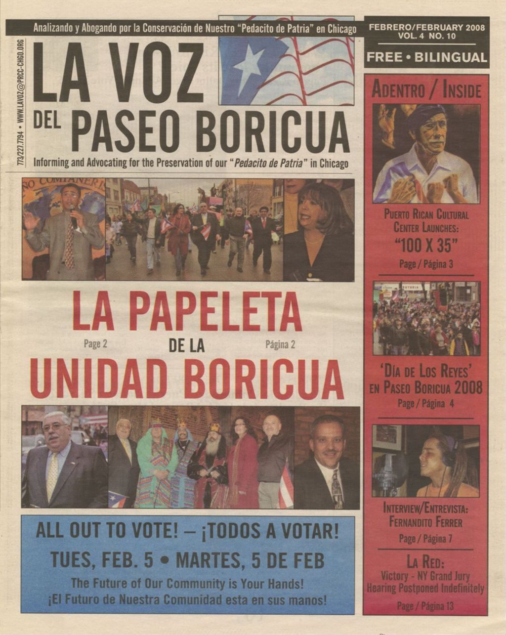 La Voz del Paseo Boricua; February 2008; vol. 4, no. 10 (cover only)