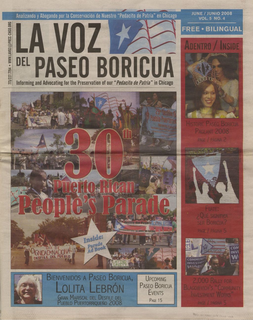 Miniature of La Voz del Paseo Boricua; June 2008; vol. 5, no. 4 (cover only)