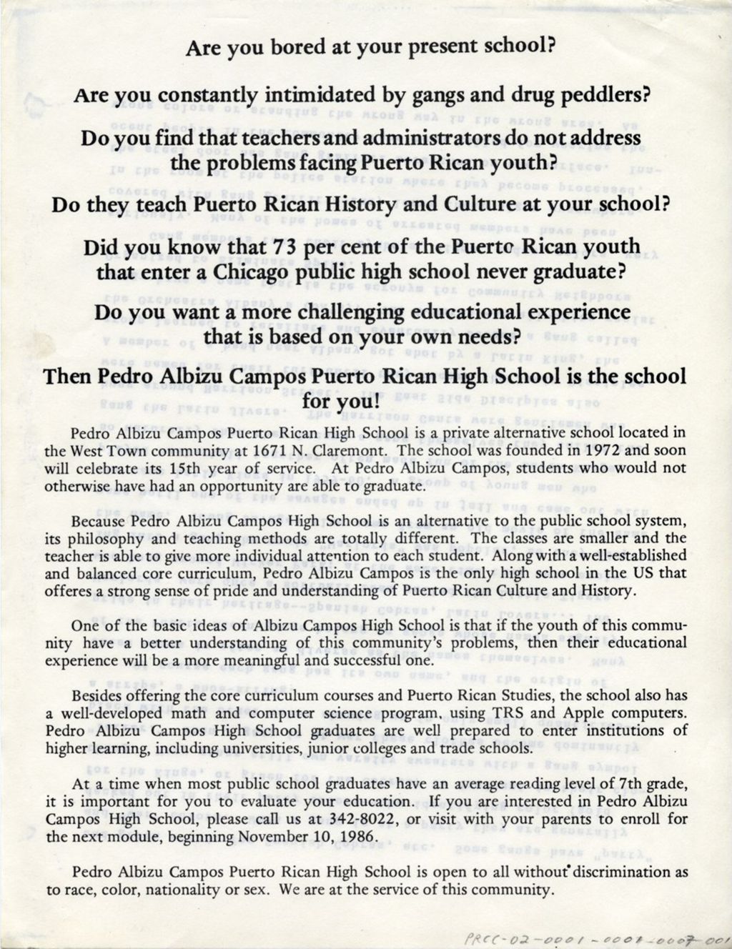 Miniature of Pedro Albizu Campos Puerto Rican High School Announcement