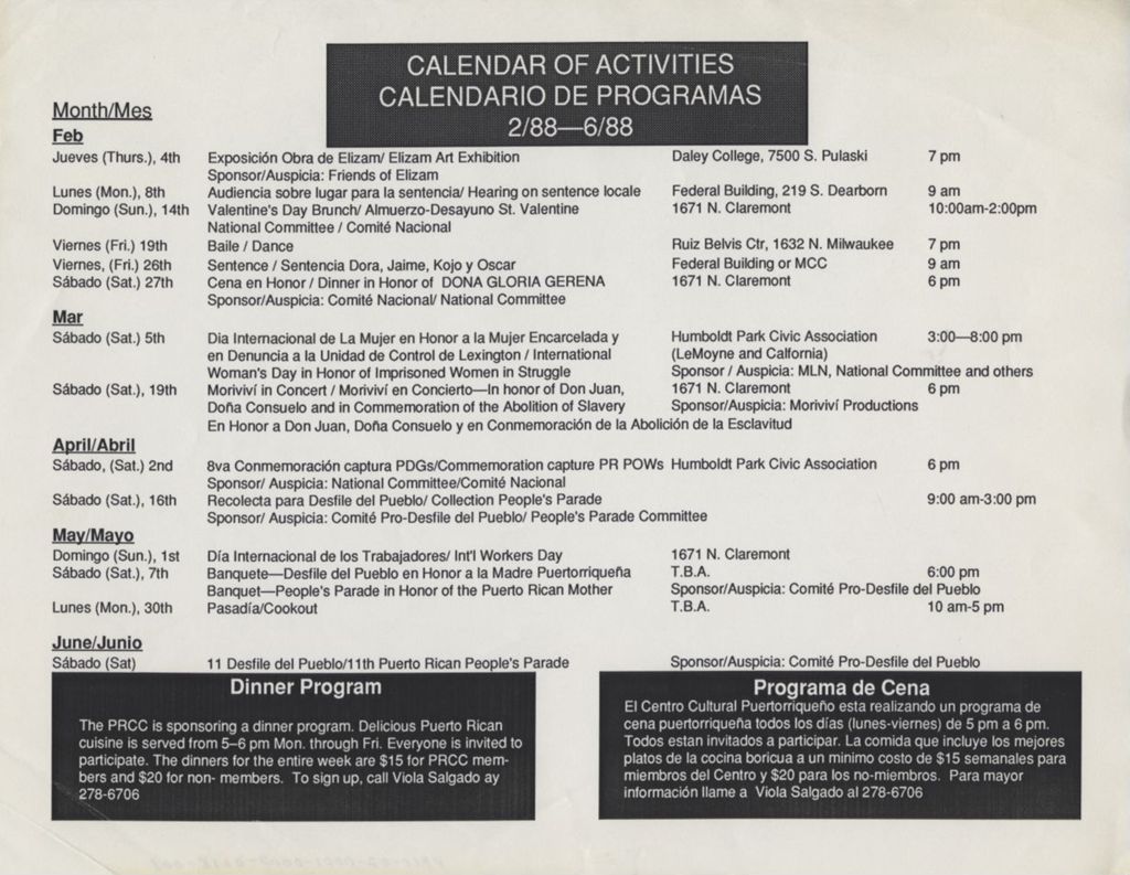 Calendar of activities