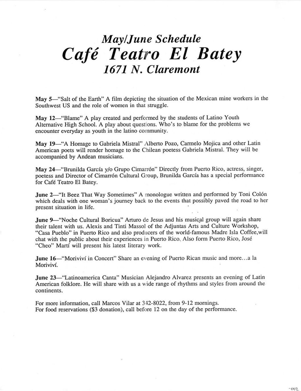 Miniature of May/June Schedule Cafe Teatro El Batey