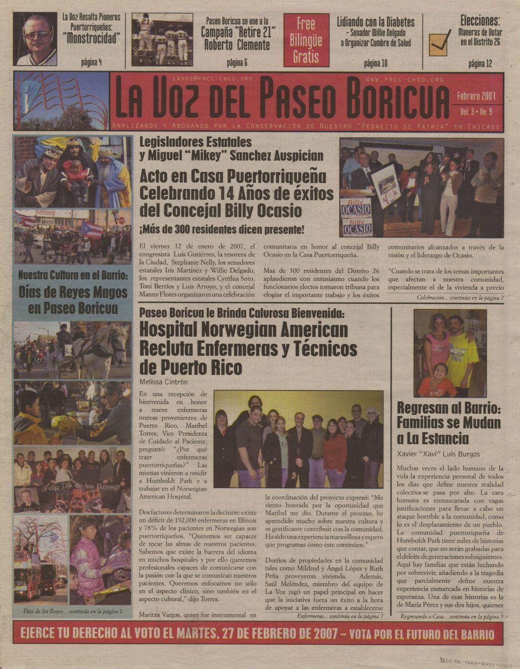 La Voz del Paseo Boricua; Febrero 2007; vol. 3, no. 9 (Spanish and English covers)