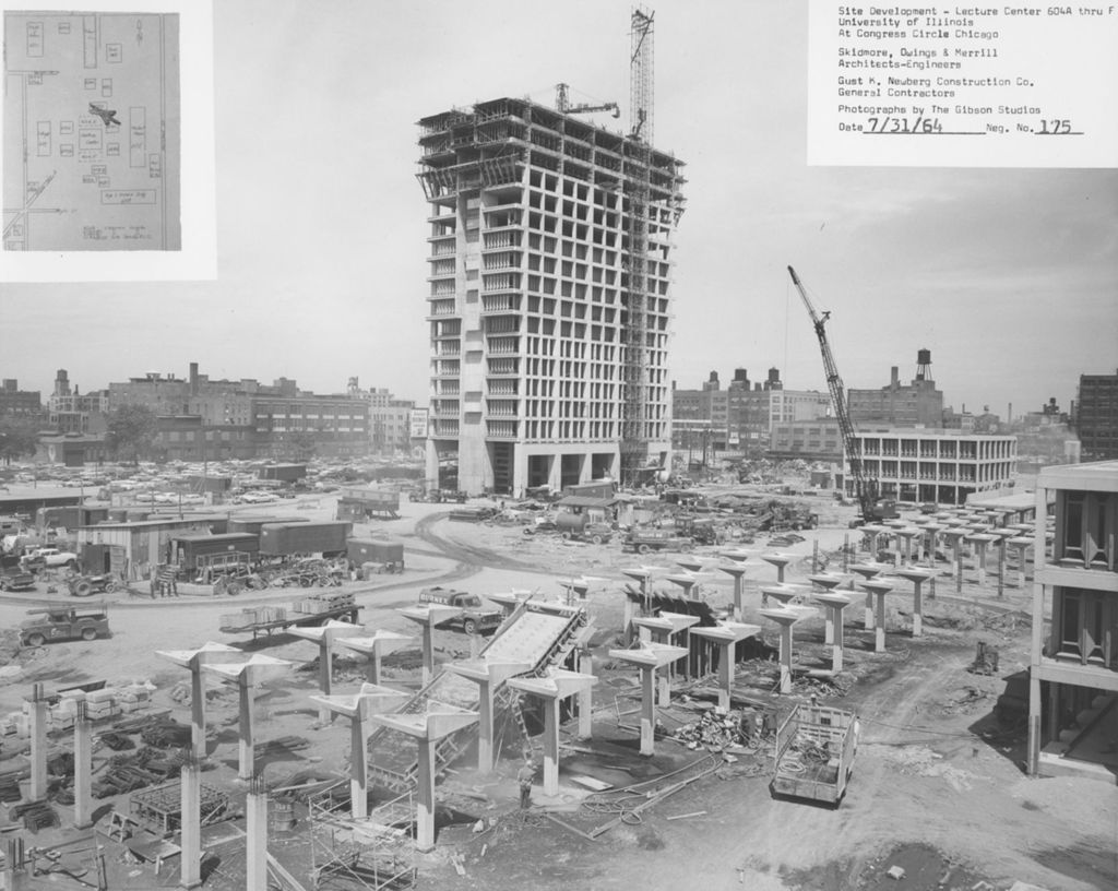 Construction of University Hall and elevated walkways, University of Illinois at Chicago Circle