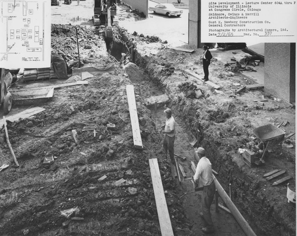 Workers digging a trench outside University Hall