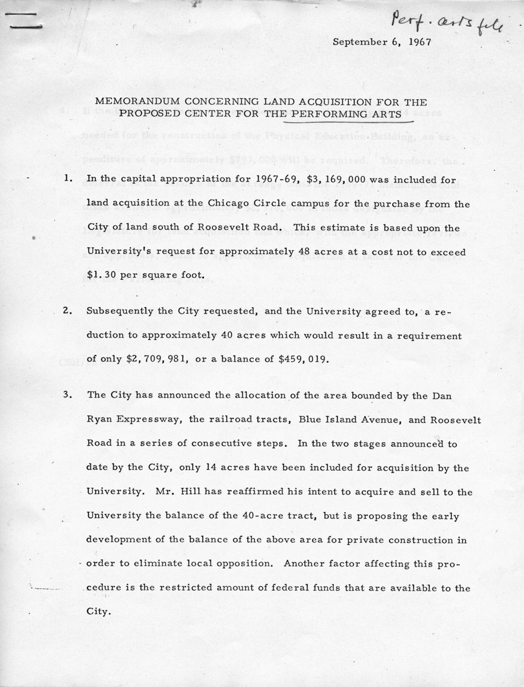 Miniature of Memorandum: Land Acquisition for the Proposed Center for the Performing Arts