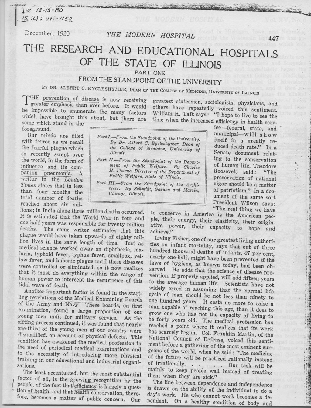 The Research and Educational Hospitals of the State of Illinois, Parts One, Two and Three