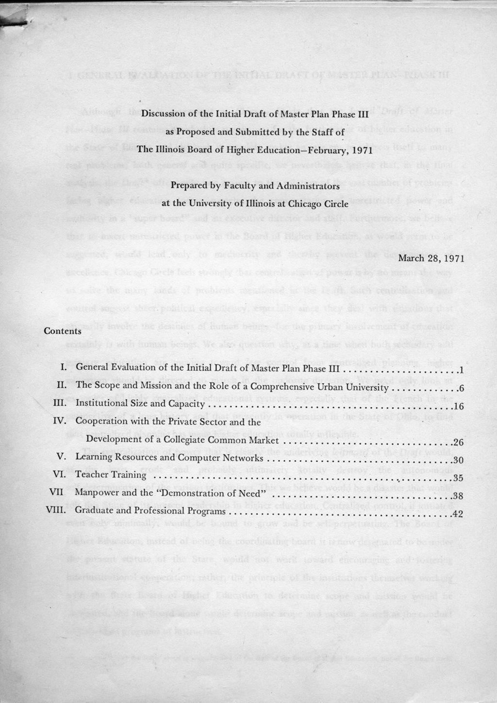 Discussion of the Initial Draft of the Master Plan Phase III as Proposed and Submitted by the Staff of The Illinois Board of Higher Education - February, 1971