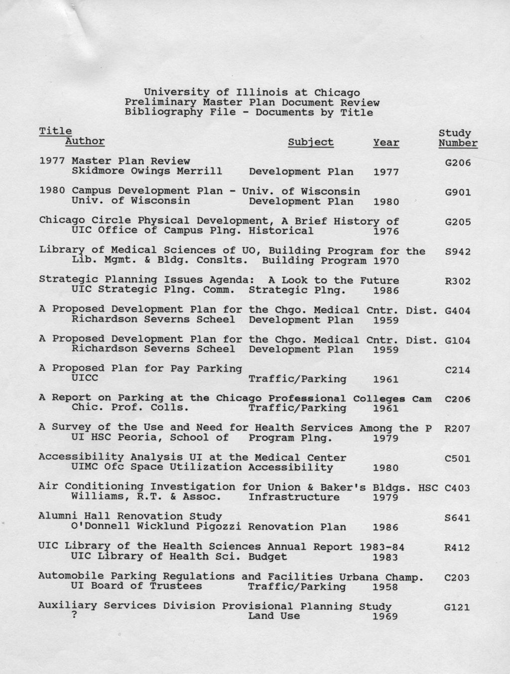 Miniature of Preliminary Master Plan Document Review Bibliography file, University of Illinois at Chicago
