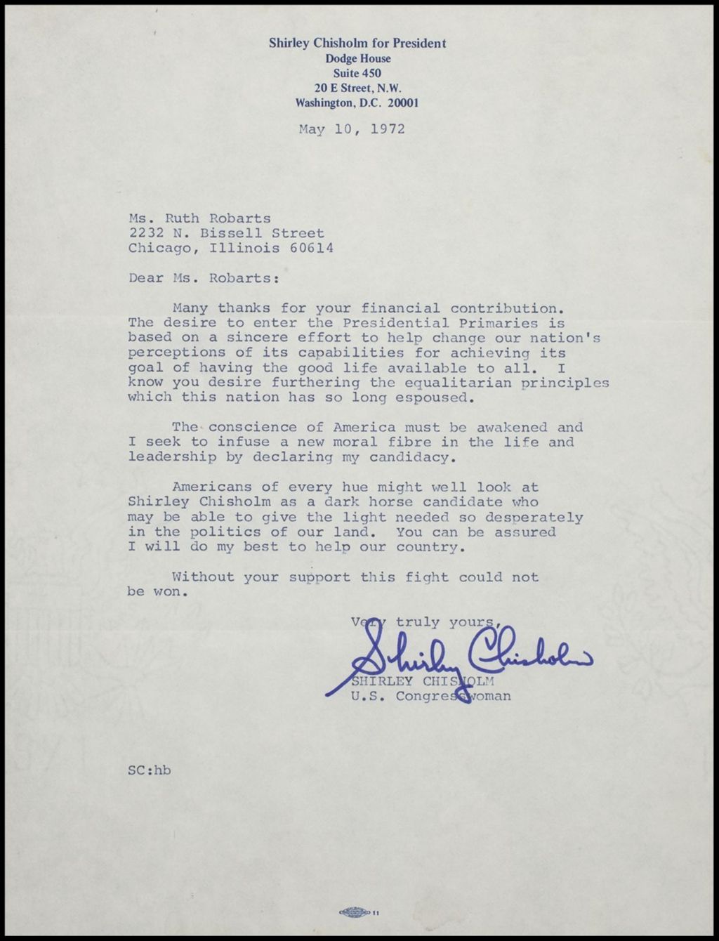 Letter from Shirley Chisholm, 1972 (Folder 8)