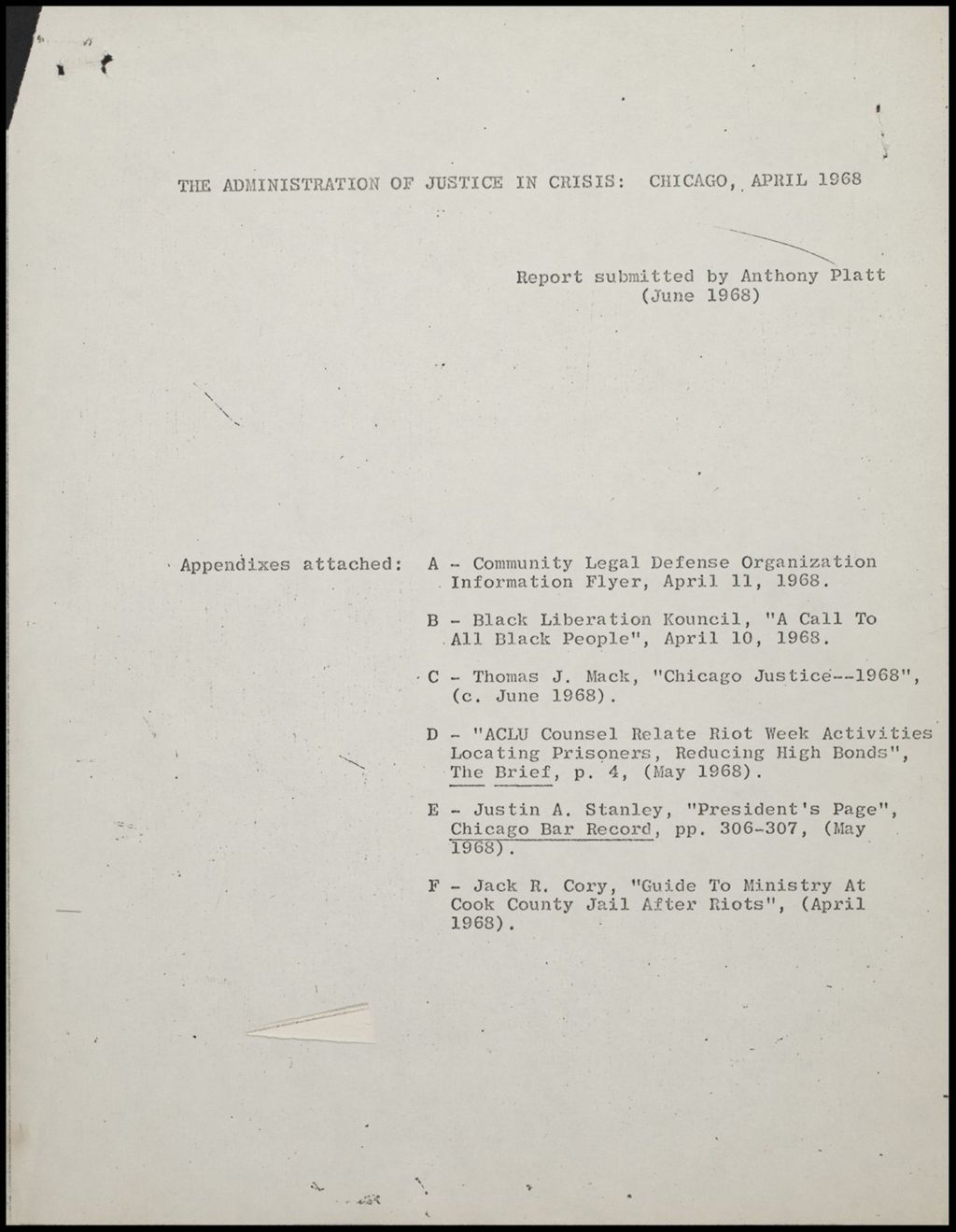 Miniature of Anthony Platt - report, 1968 (Folder 15)