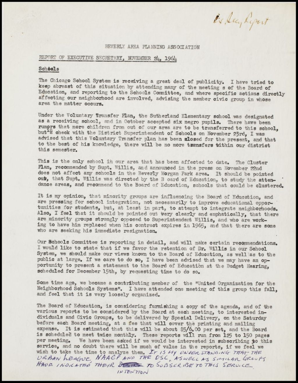 Miniature of Executive Secretary's reports, 1964-1965 (Folder 100)