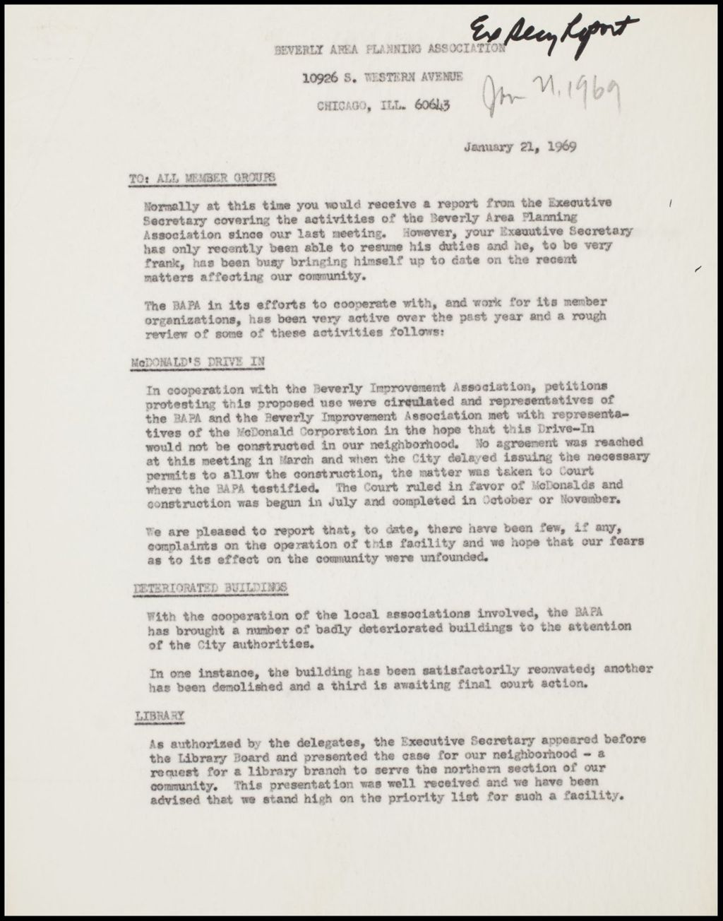 Executive Secretary's reports, 1969 (Folder 104)