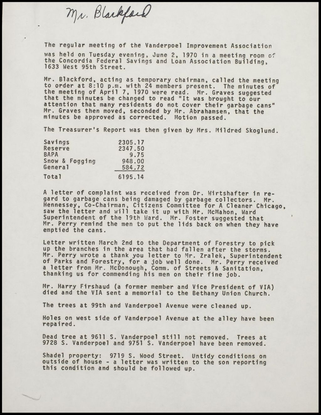 Vanderpoel Improvement Association, 1970 (Folder 219)