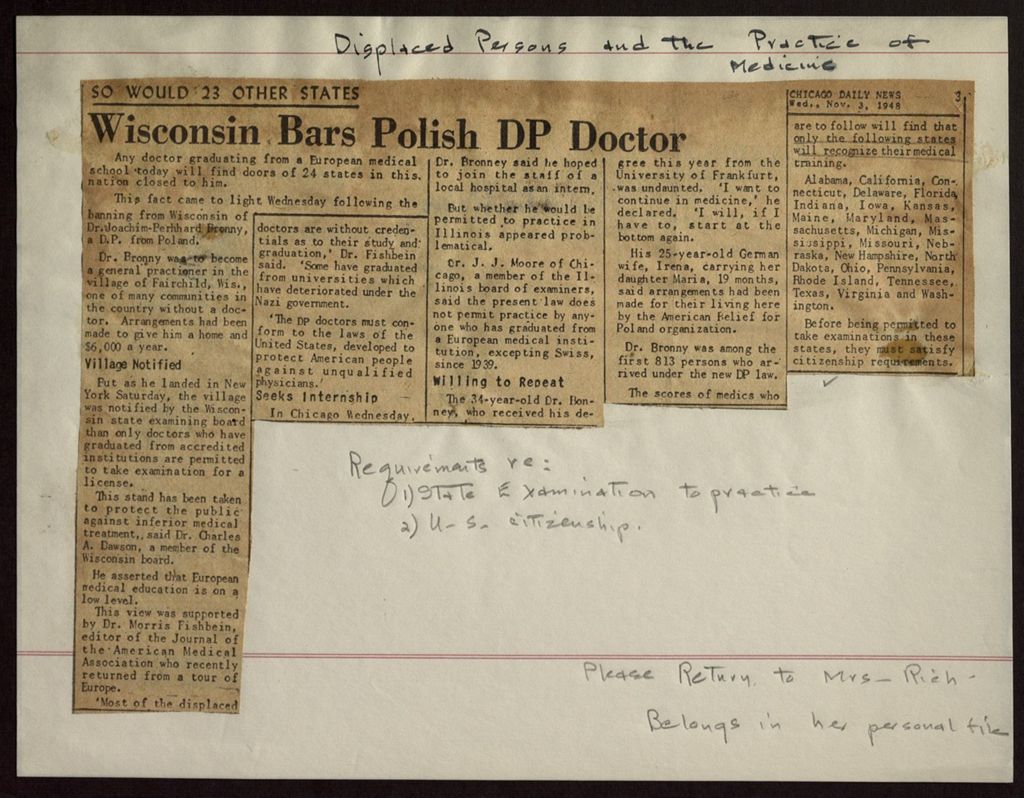 Miniature of Displaced Persons Practice of Medicine, 1948-1949 (Folder 33)