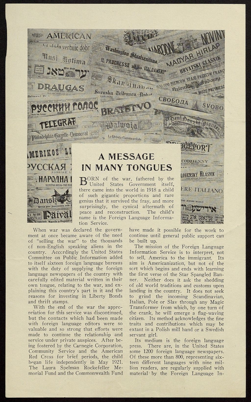 Miniature of Foreign News Clippings on the Immigrants' Protective League, 1926 (Folder 56)