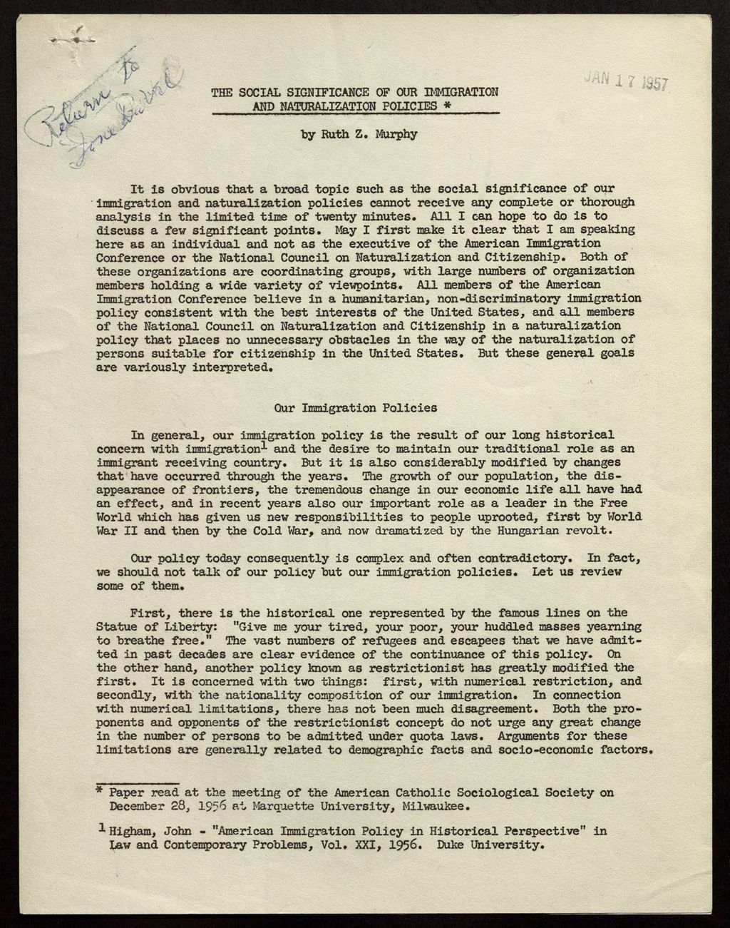 Miniature of "The Social Significance of Our Immigration and Naturalization Policies" paper, 1957 (Folder 108)