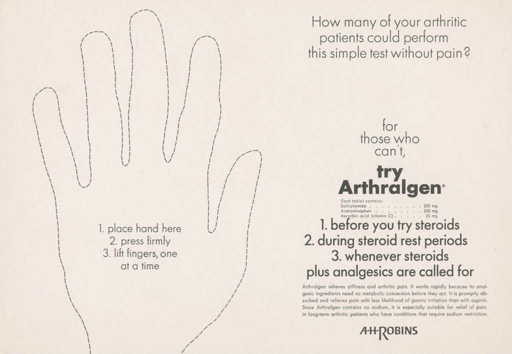 How many of your arthritic patients could perform this simple test without pain?, advertisement for Arthralgen