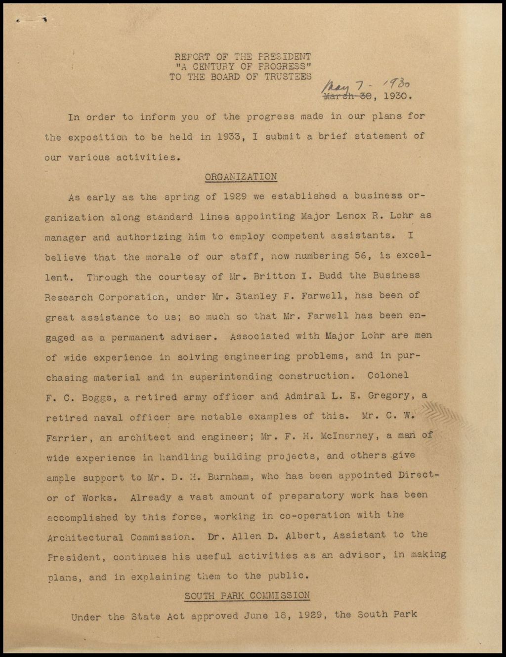 Miniature of Draft of Report to Trustees, ca. 1933-1934 (Folder 4-2)