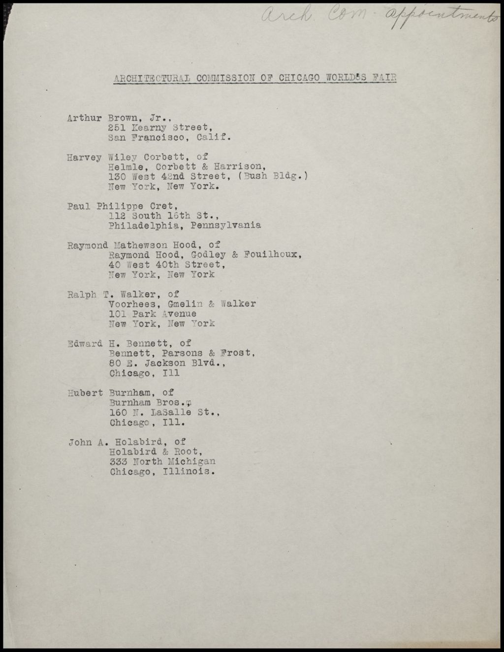 Architectural Committee -appointments, ca. 1933 - 1934 (Folder 5-9)