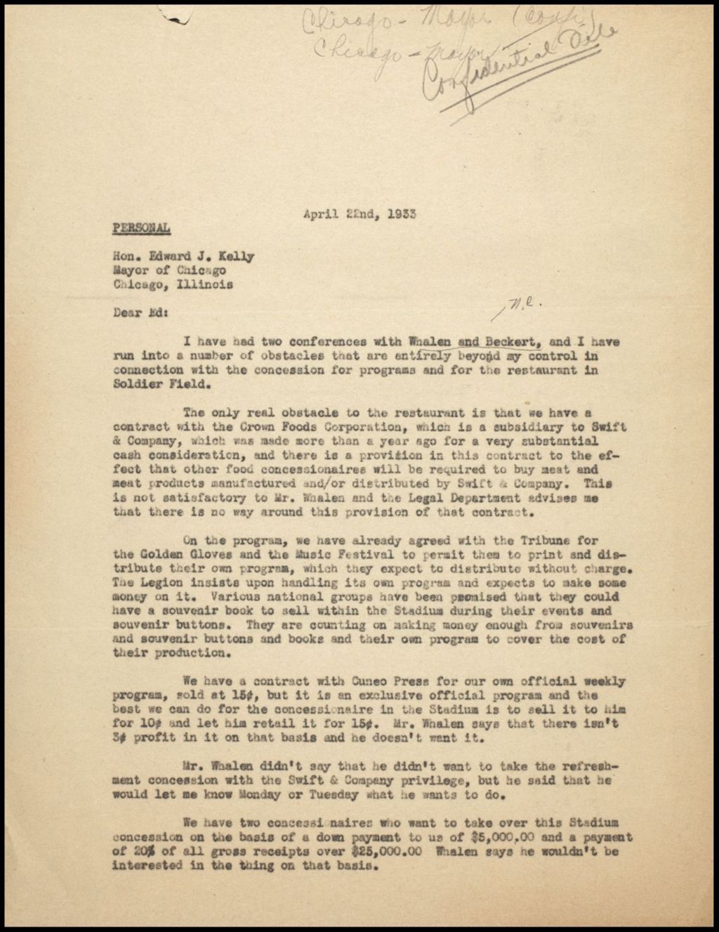 Letter to the mayor of Chicago, 1933 (Folder 9-121)