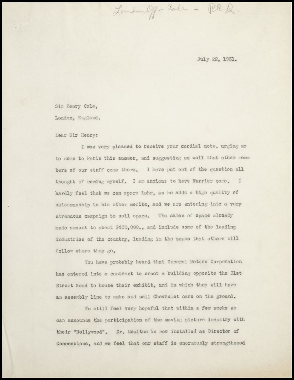 London office - Cole, Henry (correspondence with Dawes), 1930-1931 (Folder 11-159)