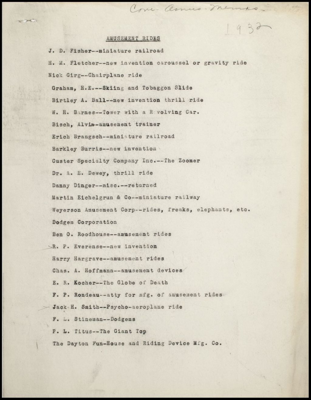 Amusements - Memos, 1932 (Folder 12-2)