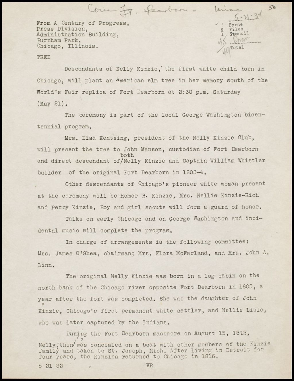 Fort Dearborn - Memos, January - May 1932 (Folder 12-66)