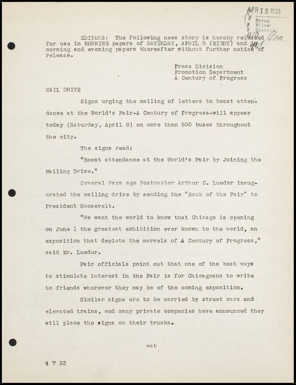 Press Releases, April-May 1933 (Folder 14-6)