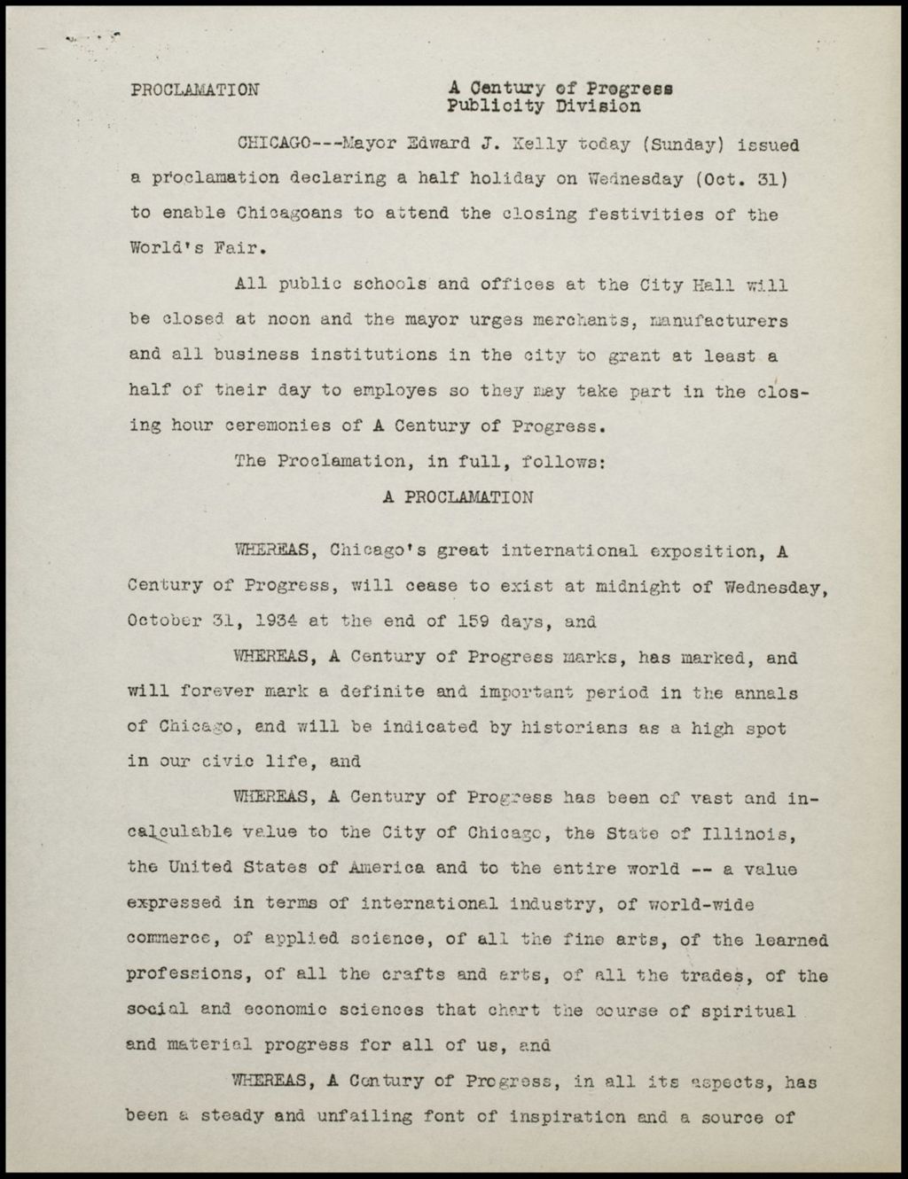 Miniature of Kelly Proclamation, October 1934 (Folder 14-221)