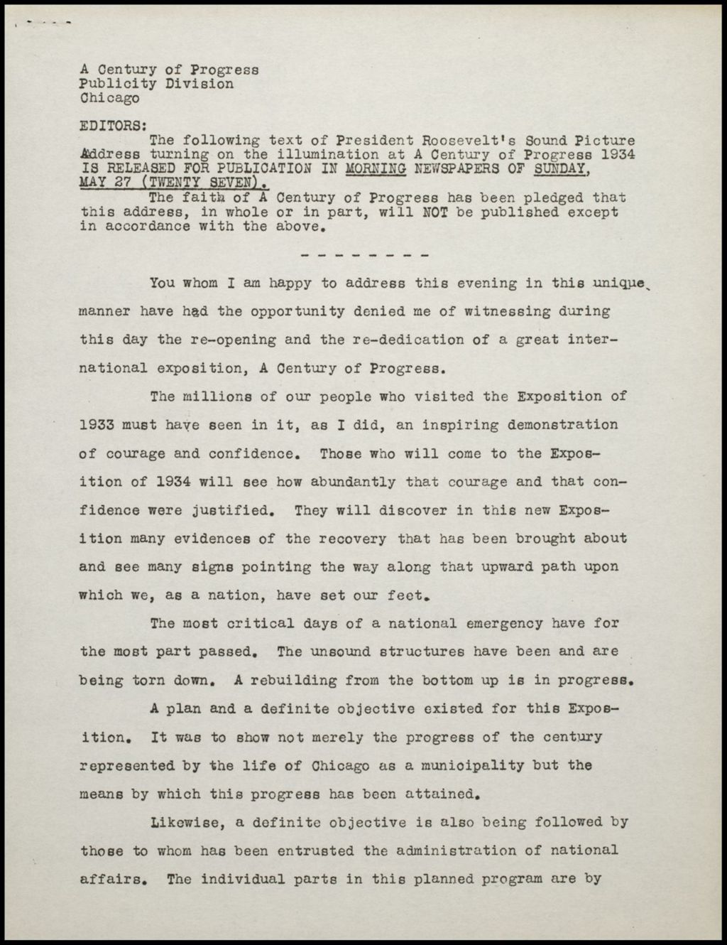 Roosevelt - Speech, May 1934 (Folder 14-227)