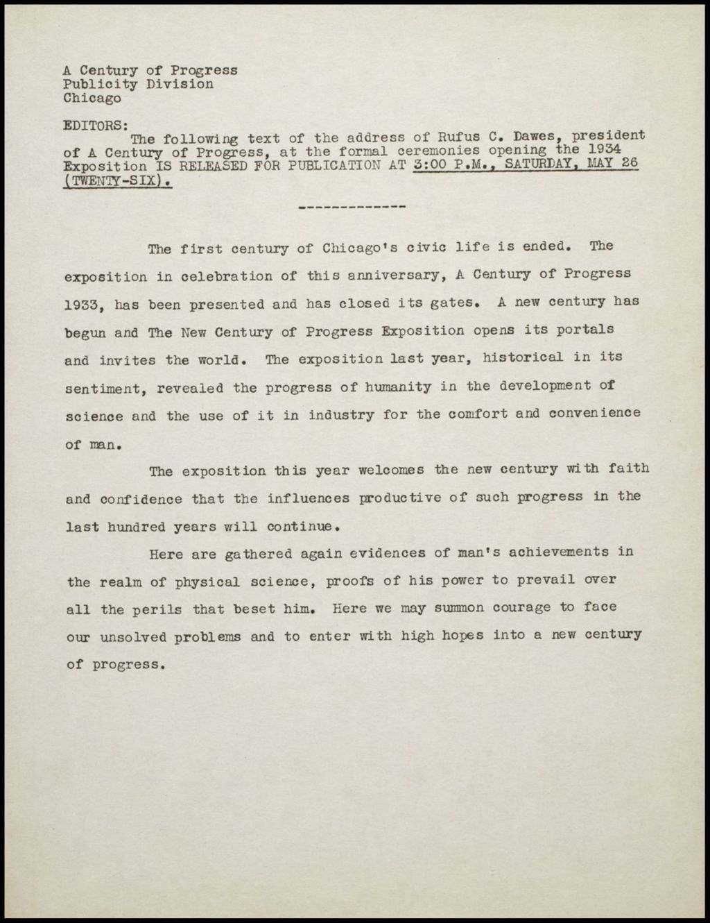 Miniature of Dawes - Speech, May 1934 (Folder 14-235)
