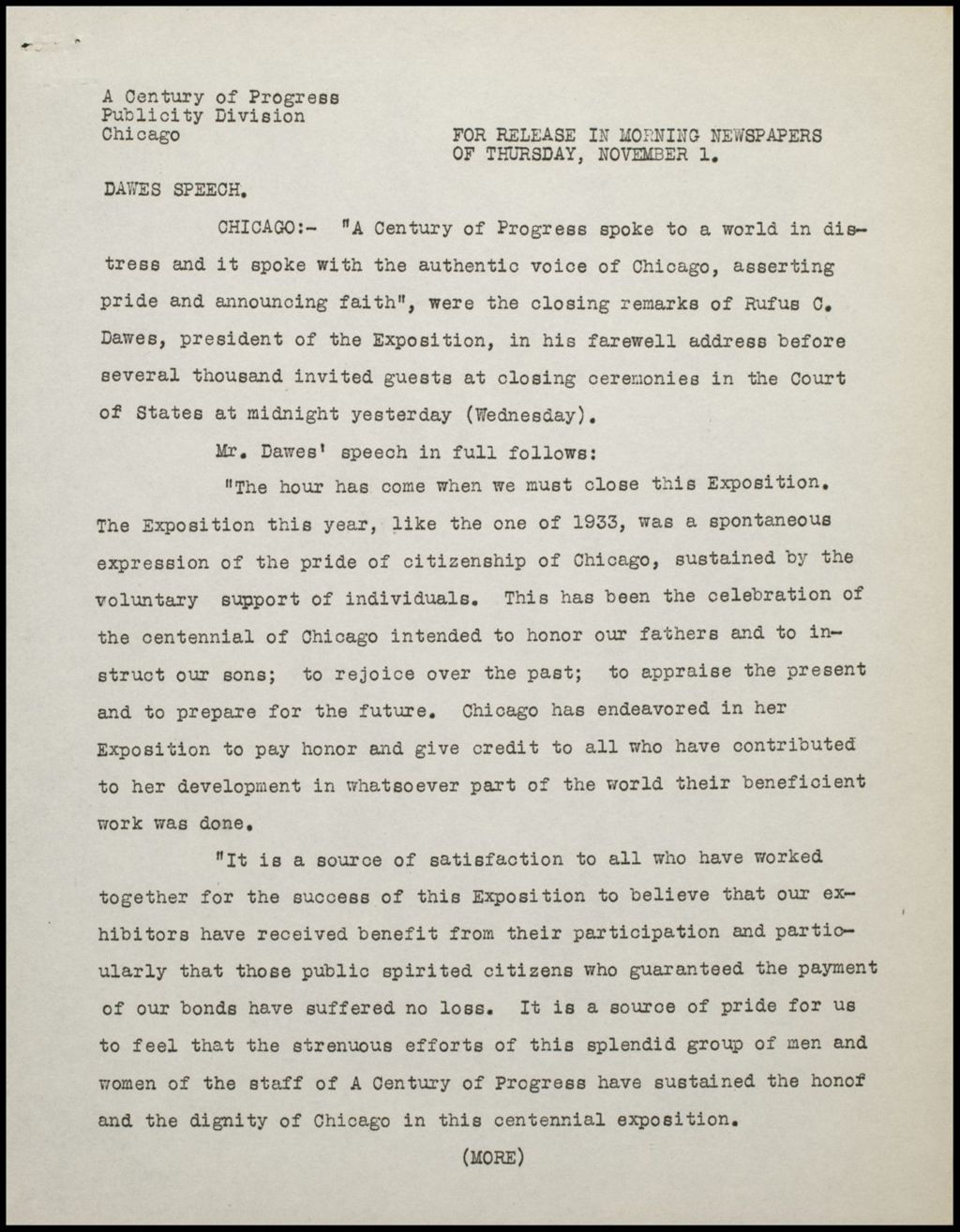 Dawes Farewell Address, 1934 (Folder 14-238)